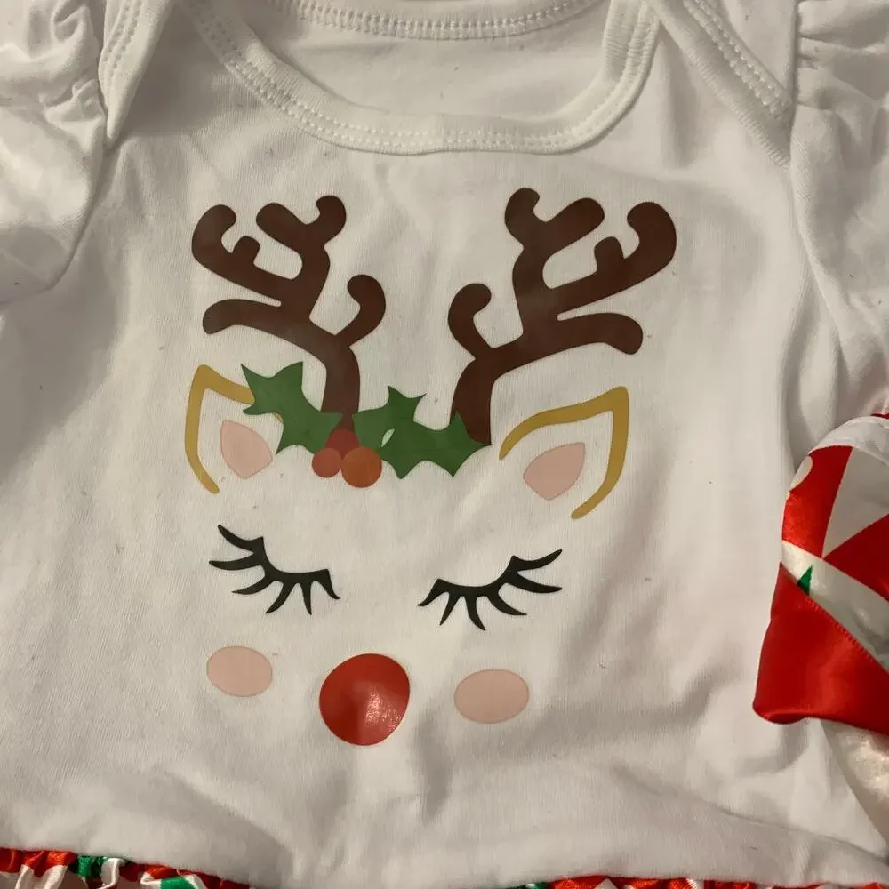 Baby Infant Girl Cotton Christmas Reindeer Short Sleeve Patchwork Bodysuit Set